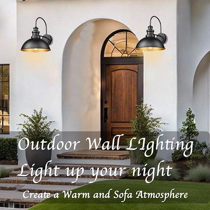 Casia Outdoor Farmhouse Barn Lights, Anti-Rust Outdoor Wall Sconce, Exterior Wall Lights, Front Door Mounted Lighting Fixture,Vintage Gooseneck Lighting for Porch,Garage,Patio (Black, 2 Pack)
