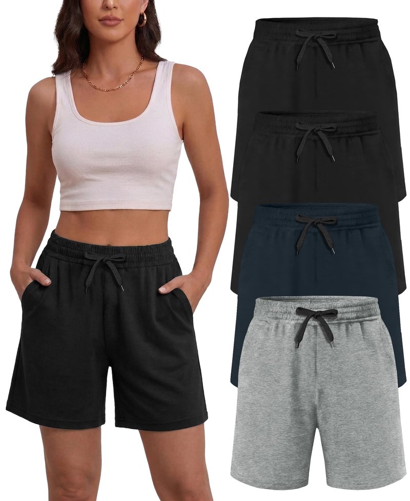 Dalavch 4 Pack Women's Summer Sweat Shorts Cotton Comfy Drawstring Shorts for Casual Lounge Sport Athletic with Pockets 2 Black 1 Pitch Blue 1 Heather Grey Large