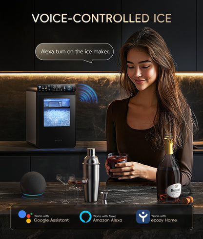 ecozy Nugget Ice Maker Countertop, Smart Pebble Ice Machine with APP Control, 44 lbs Per Day Soft Pellet Chewable Ice with Self-Cleaning, Stainless Steel