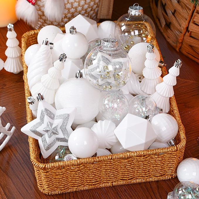 SHareconn 100pcs Christmas Tree Decorations Ornaments Set, Shatterproof Plastic Baubles Decorative Balls for Xmas Tree Decor Holiday Wedding Party, White