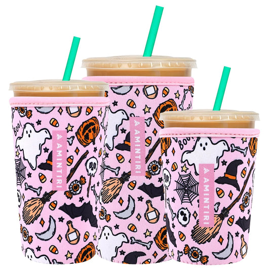 3 Pack Reusable Neoprene Sleeve for Iced & Hot Drinks, Compatible with Starbucks, Dunkin' Coffee Cup. (Happy Halloween)