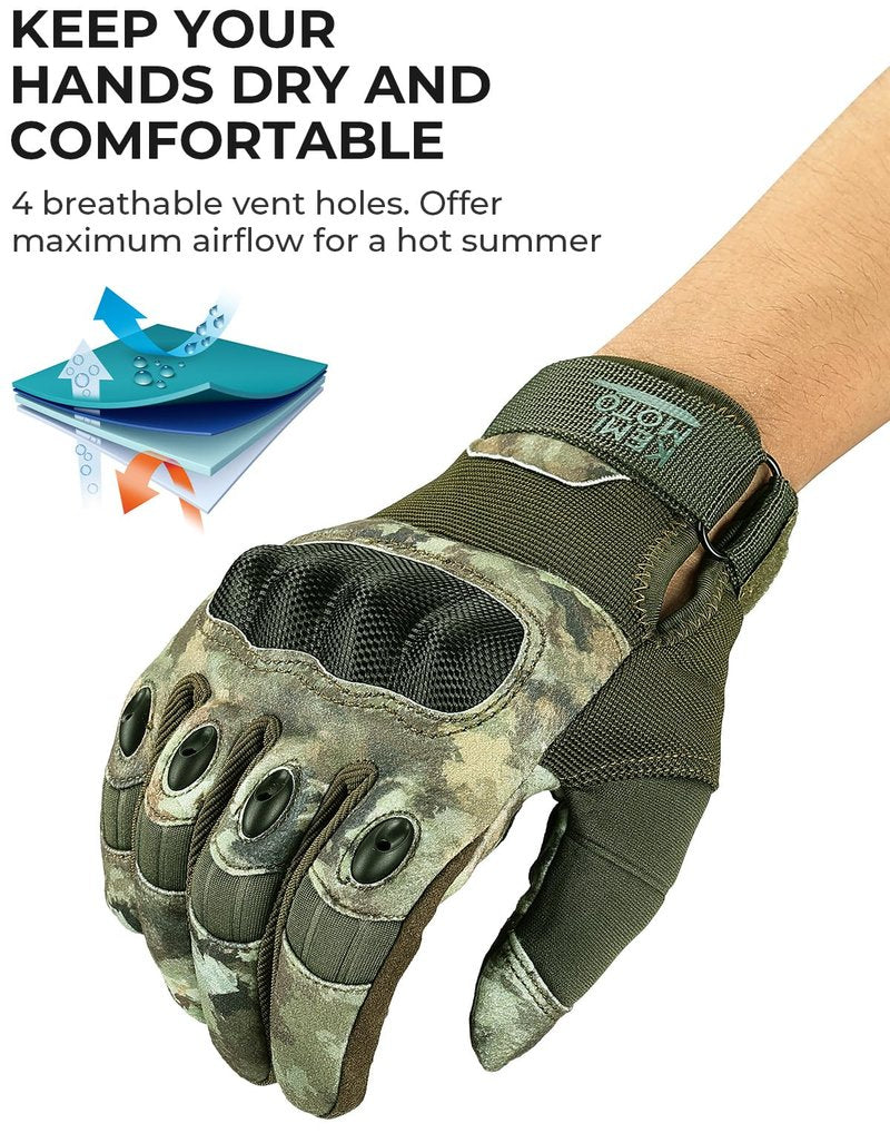 KEMIMOTO Camo Tactical Gloves for Men, Touchscreen Motorcycle Gloves with Hard Shell & Palm Padding for Sports Motorcycle Tactical Airsoft Paintball Hunting Hiking Camping Climbing (Camo,Large)