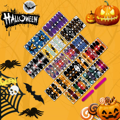 12 Sheets Halloween Full Nail Wraps Stickers, Nail Polish Strips DIY Self-Adhesive Nail Art Decals Pumpkin Bat Ghost Spider Skull Pattern with 2 Piece Nail Files for Party Decor (168 Pieces)