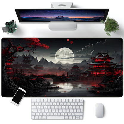 Japanese Desk Mat Riverside Full Moon Desk Pad Black Red Large Mouse Pad Gaming Mousepad Extended XXL Keyboard Pad 31.5 x 15.7 in Laptop Computer Mouse Keyboard Mat for Office Desk Decor