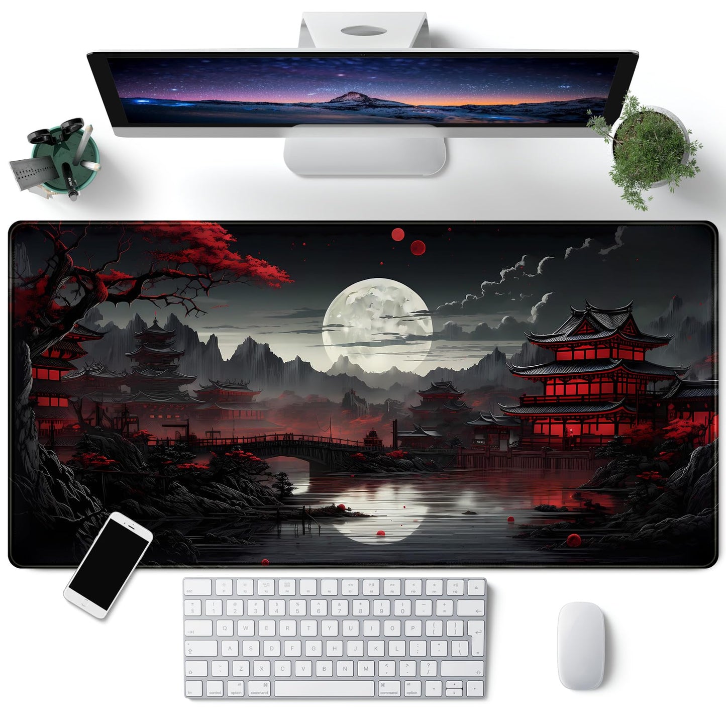 Japanese Desk Mat Riverside Full Moon Desk Pad Black Red Large Mouse Pad Gaming Mousepad Extended XXL Keyboard Pad 31.5 x 15.7 in Laptop Computer Mouse Keyboard Mat for Office Desk Decor
