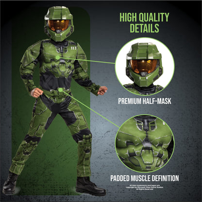 Halo Infinite Master Chief Costume, Kids Size Muscle Padded Video Game Inspired Character Jumpsuit, Child Size Large (10-12), Green & Black