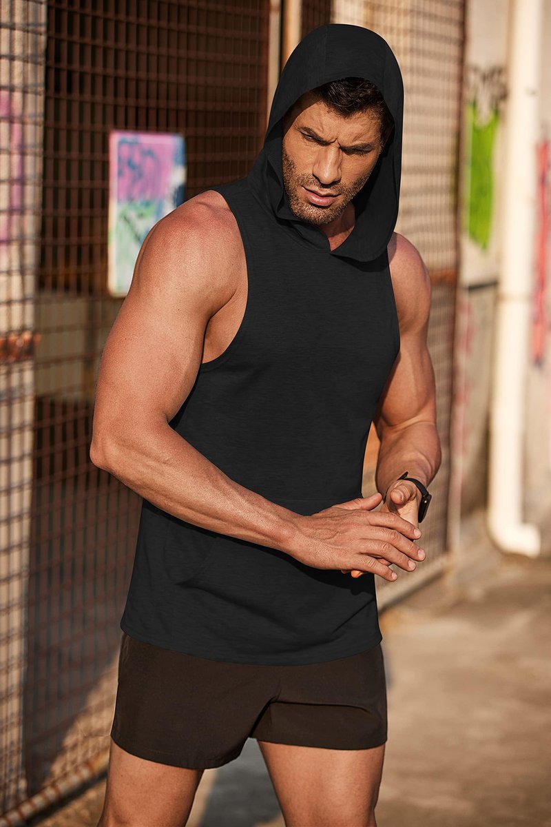 COOFANDY Men's Workout Hooded Tank Tops Bodybuilding Muscle Cut Off T Shirt Sleeveless Gym Hoodies Black