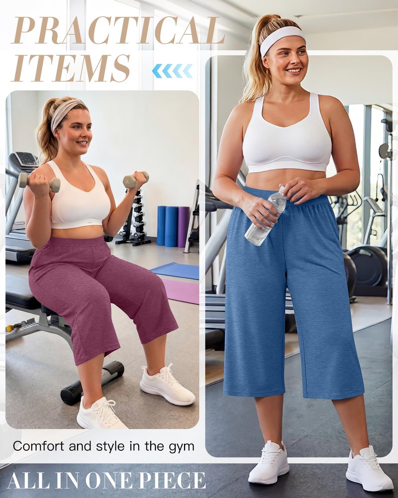 Huukeay 3 Pack Women's Plus Size Capri Pants Loose Fit Wide Leg Capris Sweatpants Summer High Waisted Yoga Pants with Pockets(Black, Blue, Wine Red,4X-Large)