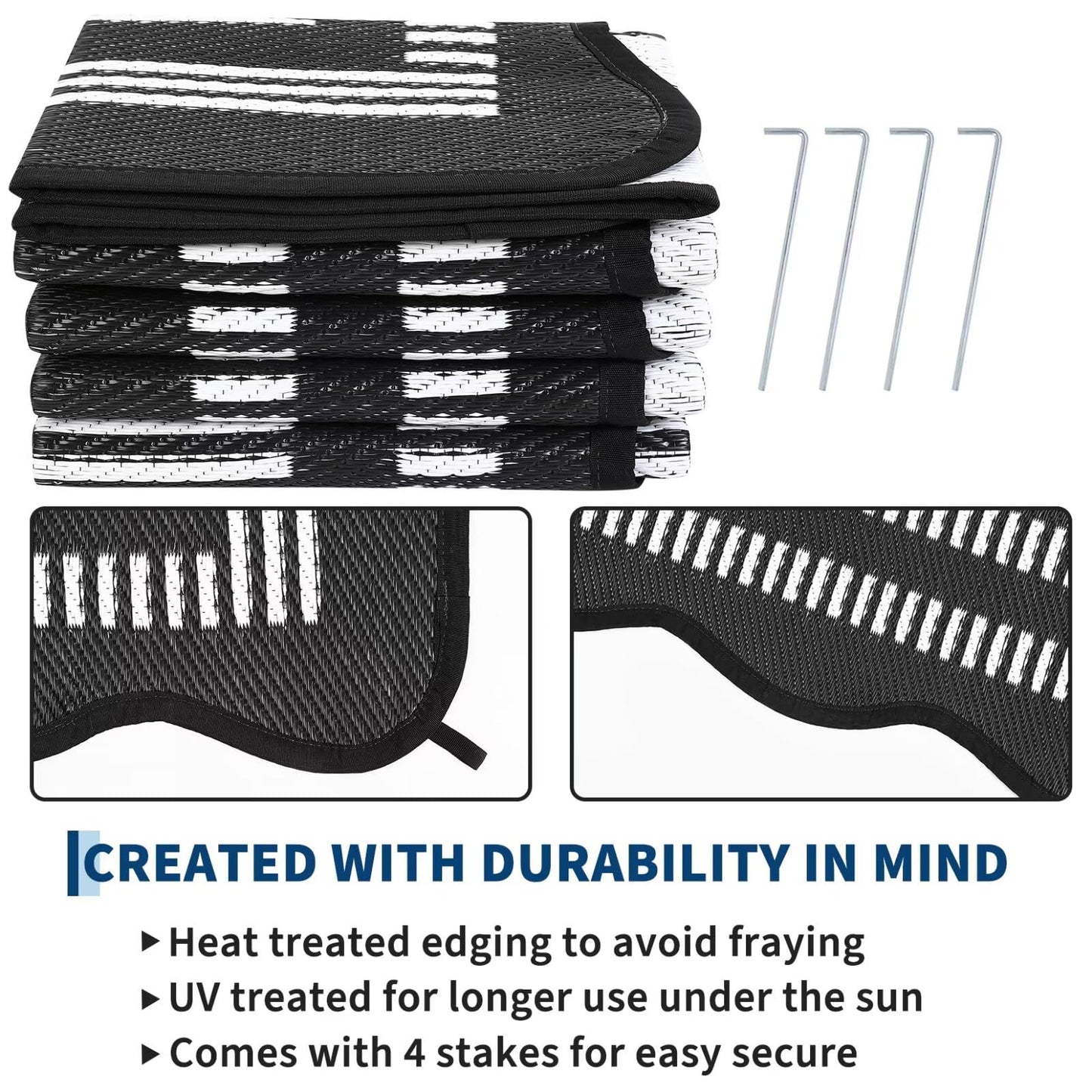 Garvee Waterproof Outdoor Rug 8x10, Scalloped Geometric Foldable Plastic Straw Patio Camping Rug, Outdoor RV Carpet for Deck Camper Porch Balcony Backyard Picnic Beach Black and White