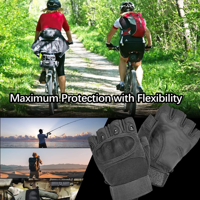 Sutekus Black Fingerless Tactical Gloves with Hard Knuckle Protection for Adults, Outdoor Activities, Sports, Work, Touchscreen Operation (Medium)