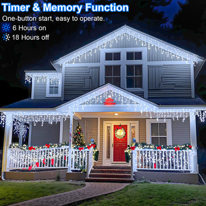 99ft 1216 LED Icicle Christmas Lights Outdoor - 8 Modes Icicle Lights with 228 Drops, Waterproof Plug in Fairy Curtain Light with Timer Memory for Party Holiday Wedding Decorations, Cool White