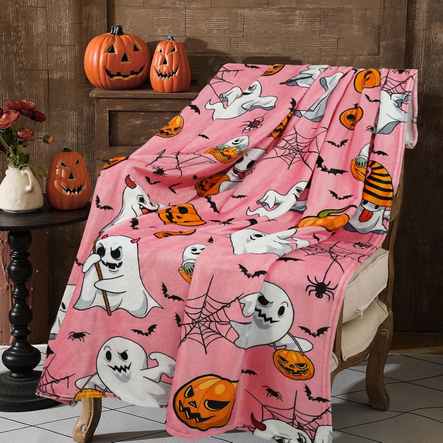 pahhjsa Pink Halloween Throw Blanket 50"x60", Cute Ghost Blanket for Girls Kids Soft Flannel Fleece Halloween Blankets and Throws Decor
