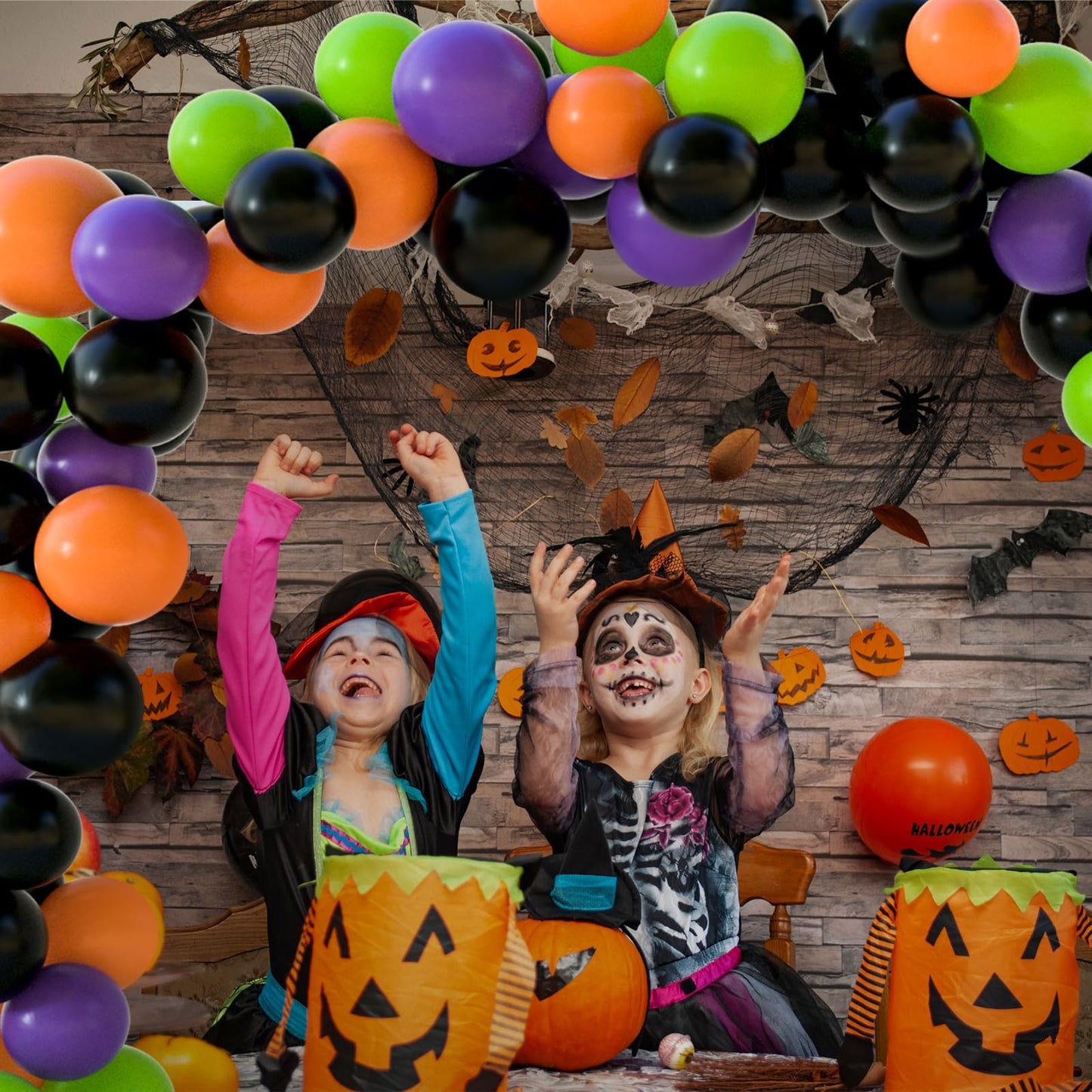 NEBURORA 60pcs Halloween Party Balloons Kit 12inch Orange Black Green Purple Balloons with Ribbons for Halloween Theme Party Background Classroom Indoor and Outdoor Party Decorations