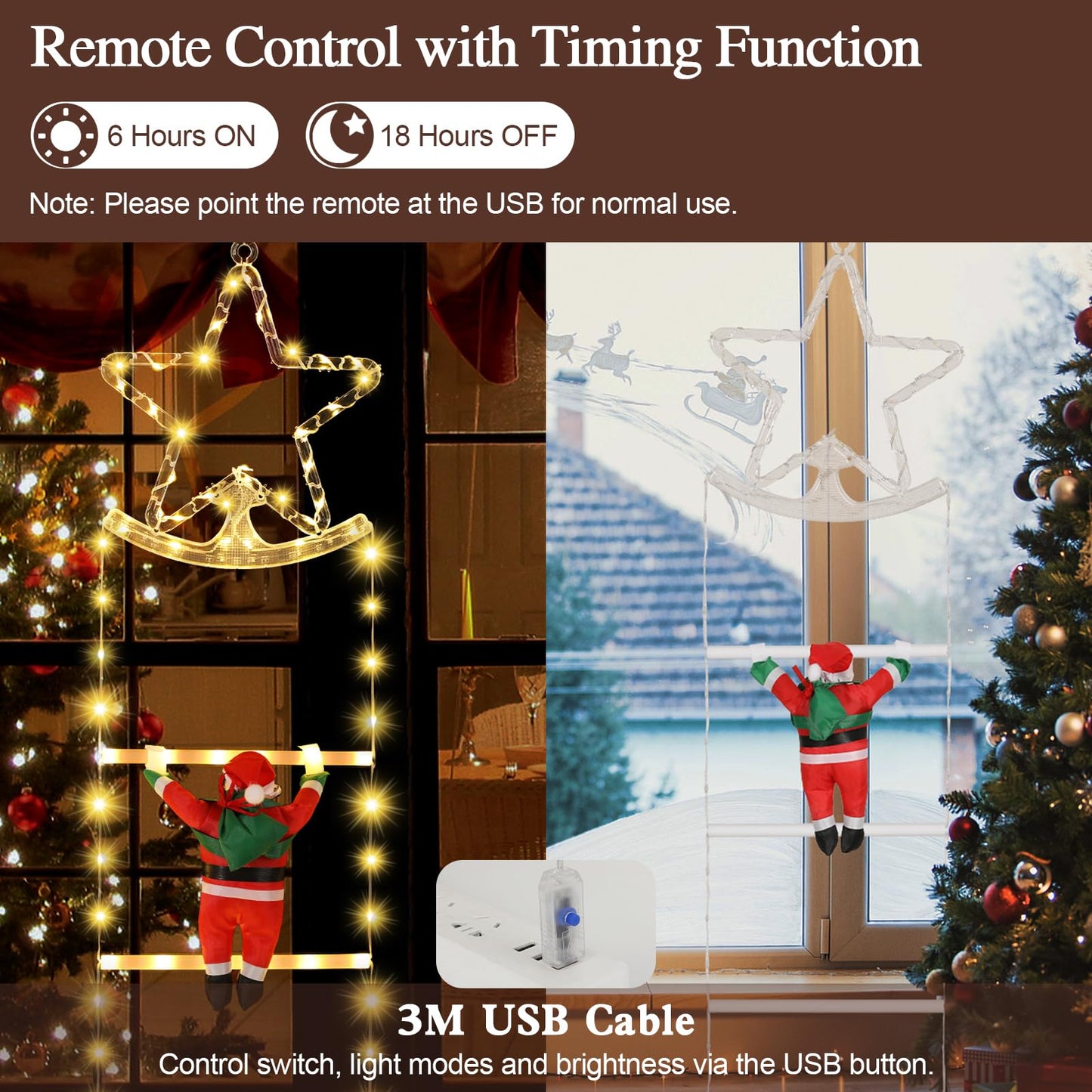Lewondr Christmas Ladder Lights, 9.8ft Xmas Decorative Light with 2 Santa Ladder Climbing, 298 LED Lights, 8 Modes Remote Control, Outdoor Christmas Decor Indoor Window Wall Xmas Tree Decor,Warm White