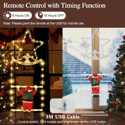 Lewondr Christmas Ladder Lights, 9.8ft Xmas Decorative Light with 2 Santa Ladder Climbing, 298 LED Lights, 8 Modes Remote Control, Outdoor Christmas Decor Indoor Window Wall Xmas Tree Decor,Warm White