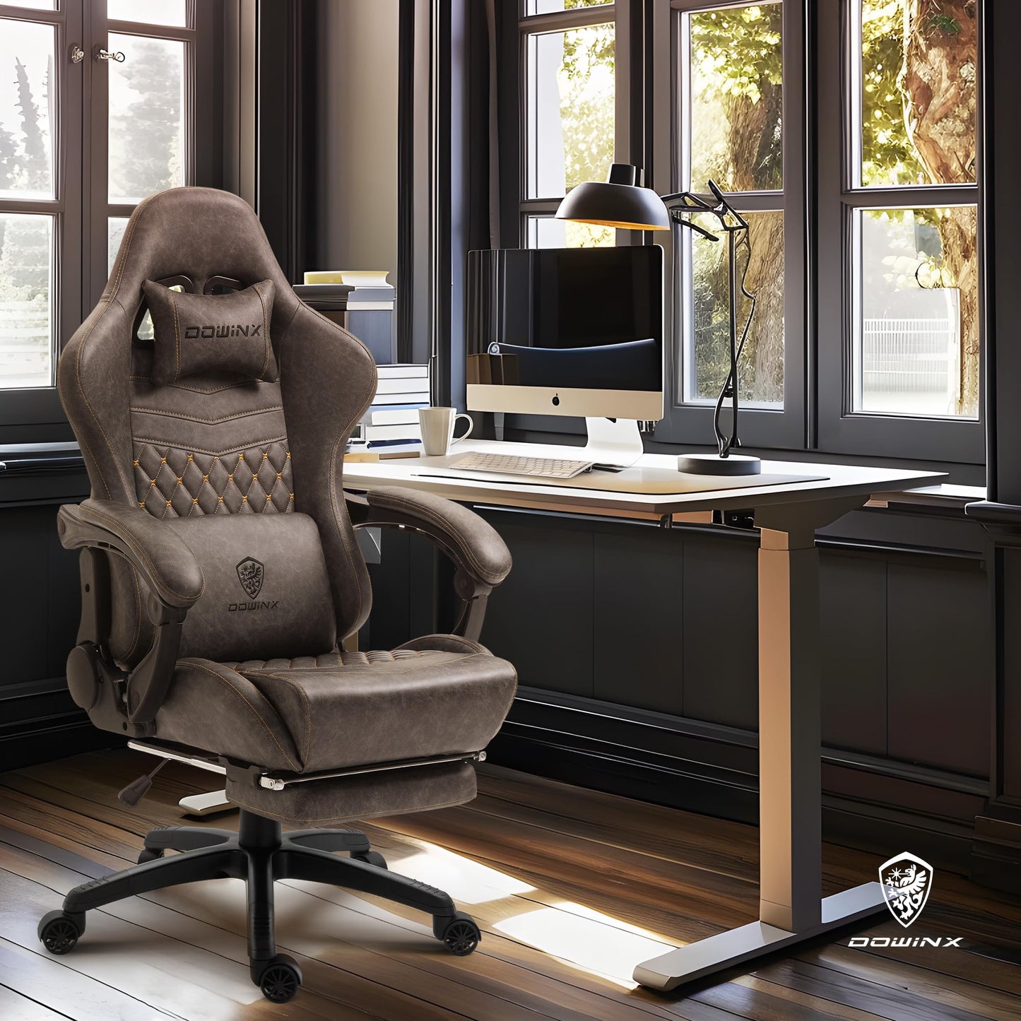 Dowinx Gaming Chair Big and Tall, Ergonomic Computer Chair with Footrest and Massage Lumbar Support, High Back Comfortable Gamer Chair for Adults 350Lbs PU Leather for Office Game, Brown