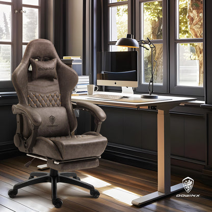 Dowinx Gaming Chair Big and Tall, Ergonomic Computer Chair with Footrest and Massage Lumbar Support, High Back Comfortable Gamer Chair for Adults 350Lbs PU Leather for Office Game, Brown