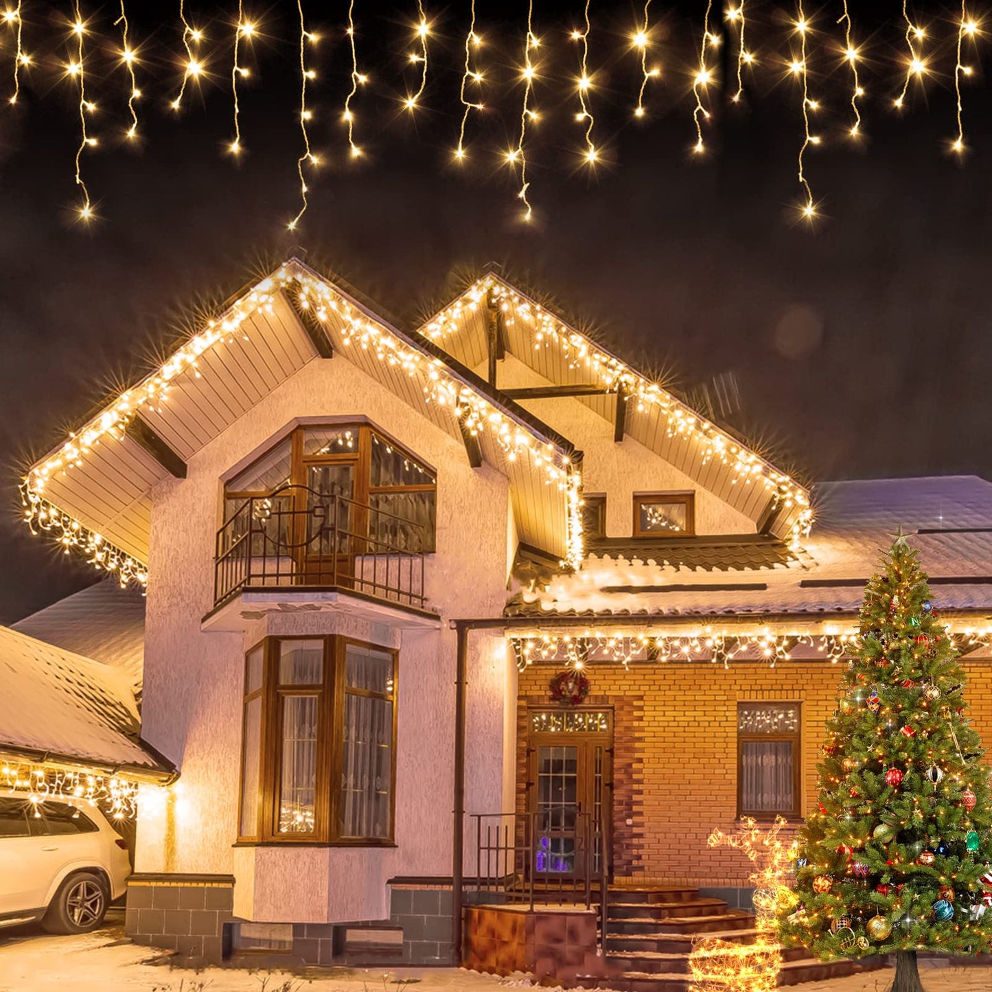 USOKYO Icicle Christmas Lights Outdoor, 480 LED 39FT Icicle String Lights with 96 Drops 8 Modes and Timer, Twinkle Icicle Fairy Lights for House Patio Bedroom Wedding (Warm White)