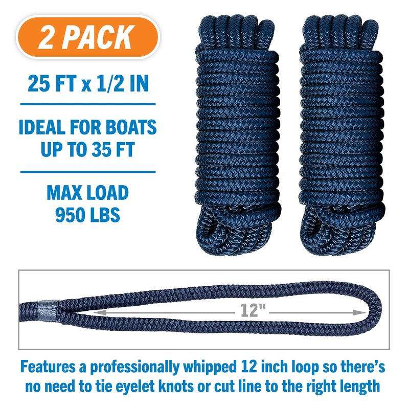 Dock Lines for Boats 1/2" x 25ft, 2 Pack Double Braided Nylon Boat Rope with 12" Loop, Marine Grade Mooring Line for Docking, Navy - Better Boat
