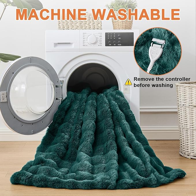 Heated Blanket Electric Throw Blanket 72''X 84''-Heating Blanket with 6 Heat Settings-10 Hours Auto Off,Cozy Faux Rabbit Fur Bubble Electric Blanket,Dark Green