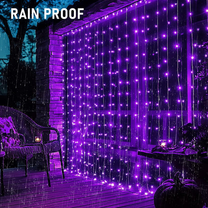 Dazzle Bright 300 LED Curtain String Lights, Halloween Fairy Lights for Bedroom with 8 Lighting Modes, Connectable Waterproof Window Light Party Wedding Garden Wall Decor, Purple