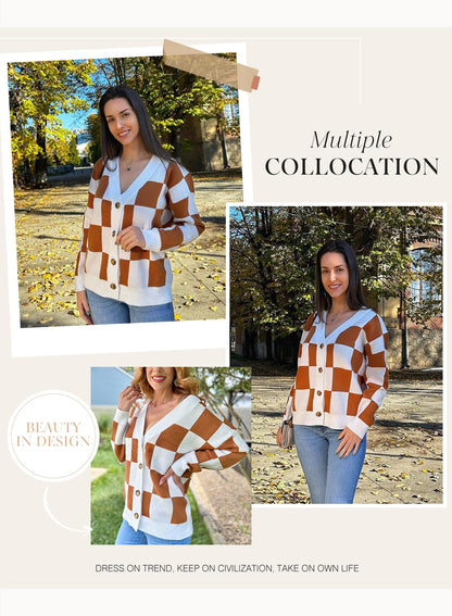 Dokotoo 2025 Early Fall Fashion Chunky Cardigan Sweaters for Women V Neck Button Up Long Sleeve Plaid Knit Sweater Casual Loose Checkered Chocolate Brown Fall Clothes Womens Cardigans Outerwear L