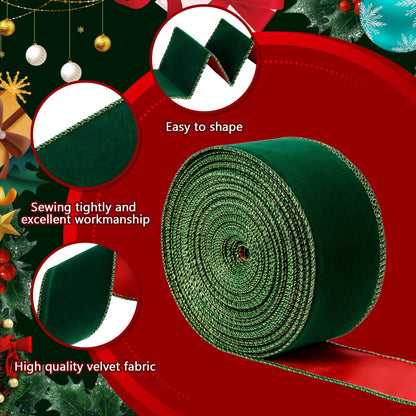 Yungyan Velvet Ribbons with Gold Edge Felt Ribbon Gift Bow Wrapping Ribbon Waterproof for Handmade, Home Decor, Gift Wrapping, Wreath DIY Crafts, Christmas Tree(Green Red,2.5 Inch X 35 Yards)