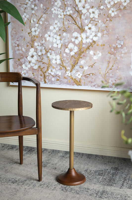 Penau Slender Brass Side Table, Textured Gold Metal Top with Wooden Pedestal Base, Round Accent End Table for Living Room, 11.8 x 11.8 x 24 Inchs, Gold and Brown