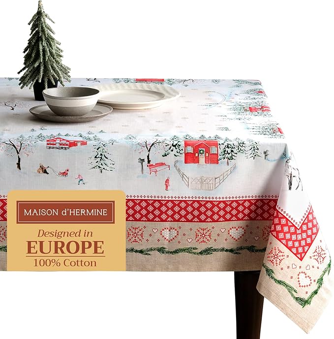 Maison d' Hermine Table Cloth Rectangle Table 100% Cotton 60 x 90 Inches Fall Tablecloth Reusable Everyday Use for Thanksgiving Christmas Decorations Dining Farmhouse Party (Rural Christmas)