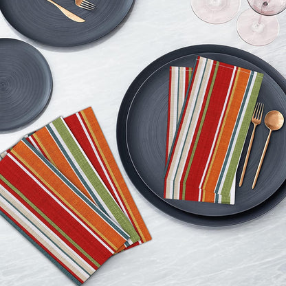 RUVANTI Set of 6 100% Cotton Fabric Napkins - 20" x 20" - Washable, Soft & Absorbent for Fall, Halloween, Thanksgiving, Wedding, Dinner - Salsa Stripes
