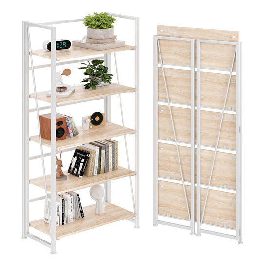BHG Vintage Multifunctional Folding Bookshelf, No-Assembly Plant Stand Storage Rack Shelves for Home Office (White, 5-Tier)