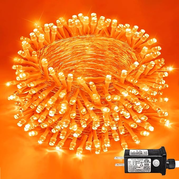 600 LED Christmas Lights Outdoor 197 FT String Lights Indoor Outdoor Clear Wire with 8 Modes, Plug in Waterproof Orange String Light for Christmas Tree Party Thanksgiving Decorations