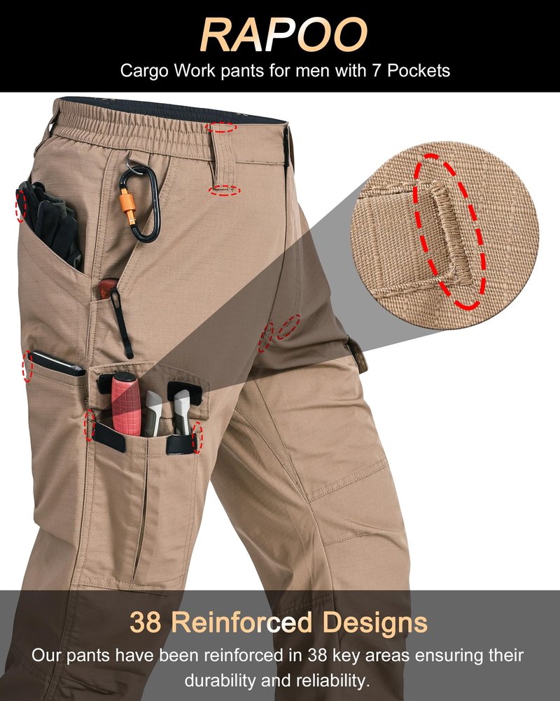 Rapoo Tactical Pants for Men Cargo Hiking Working Army Hunting Pants for Men with Multi Pockets Water Resistant Mens Construction Carpenter Pants Khaki 40Wx32L