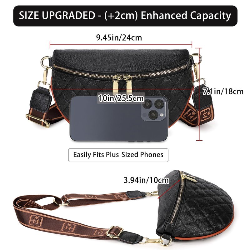Eslcorri Fashion Waist Packs for Women - Quilted Vegan Fanny Packs Leather Waist Purse Anti Theft Crossbody Belt Bag for Sports Workout Traveling Running Casual - Black