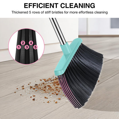 Broom and Dustpan Set, 52-in Long Adjustable Handle Broom Dustpan Combo with Dust pan Teeth to Automatically Clean Hair Suitable for Home Kitchen Office Hall Floor (Pink&Blue), 2 Pack