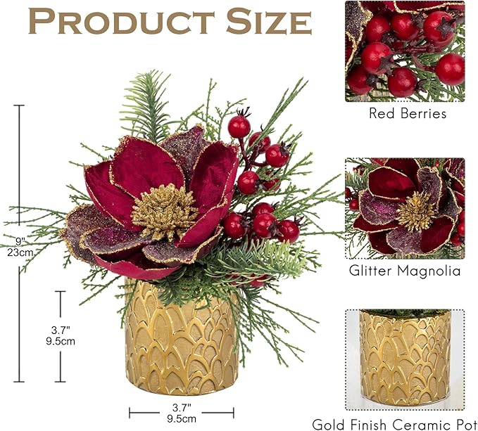 9 inch Red Christmas Table Centerpiece 5" Glitter Magnolia Flower and Red Berries Fir Greenery Artificial Christmas Floral Centerpiece in Golden Ceramic Pot Christmas Tabletop Arrangement Decor