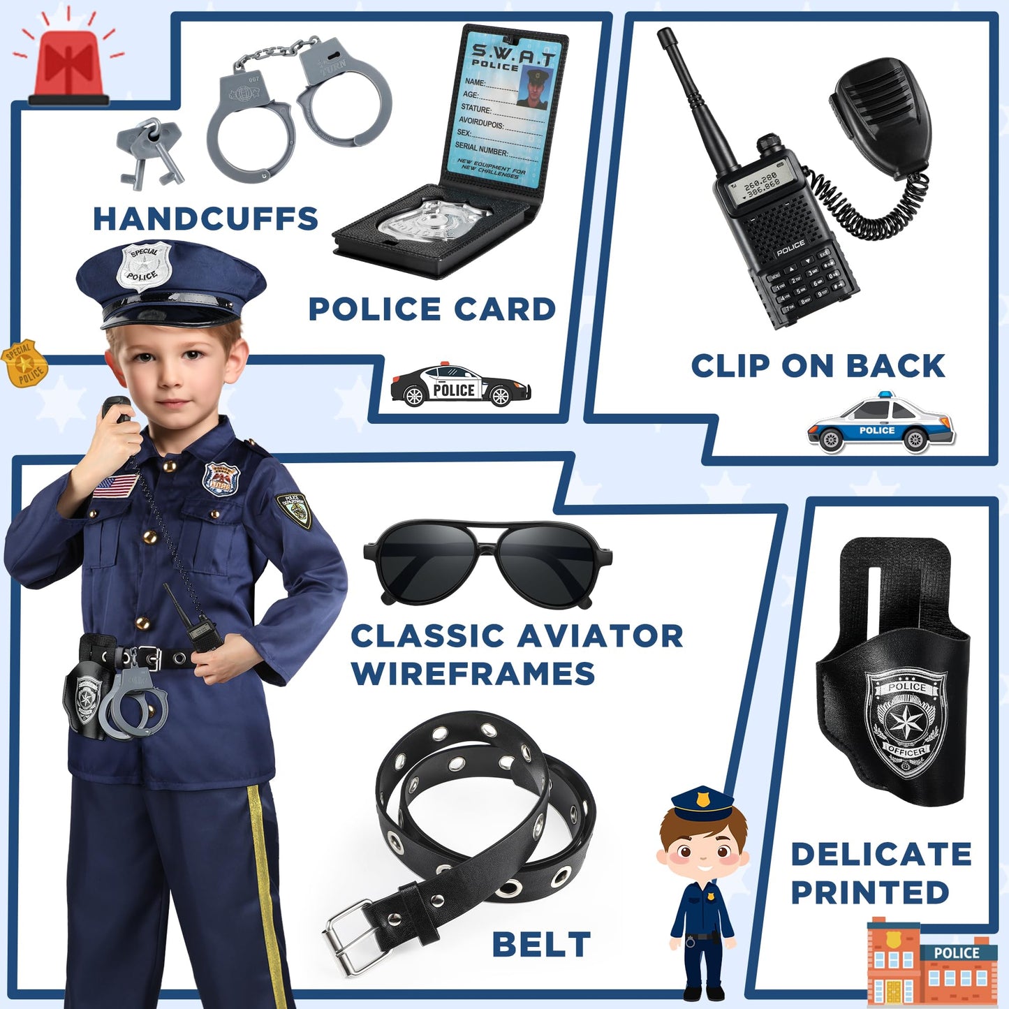 Joycover Police Officer Costume for Kids, Cop Costume Outfit Set with Toy Accessories, Halloween Costumes for Boys