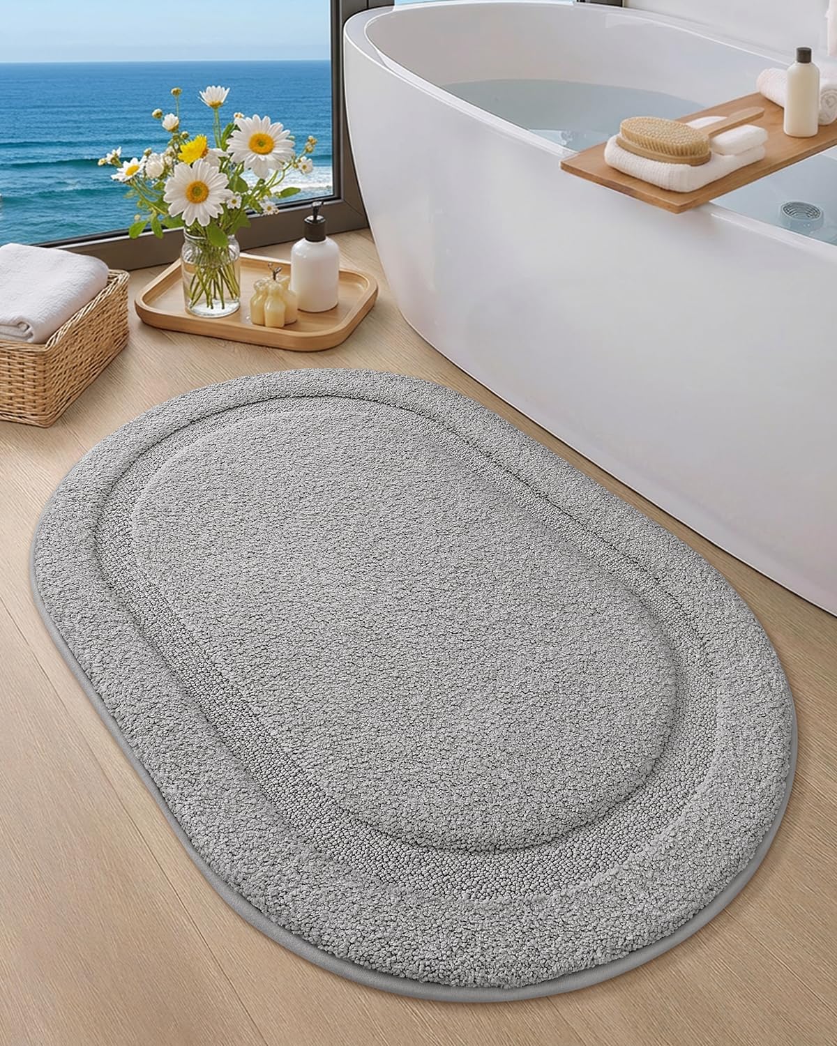 Color&Geometry Oval Grey Bathroom Rugs 43x24, Extra Soft Absorbent Microfiber Bath Rugs, Non-Slip Bathroom mat, Washable Plush Bath Mats for Bathroom, Shower, Bathtub, Laundry, Light Grey