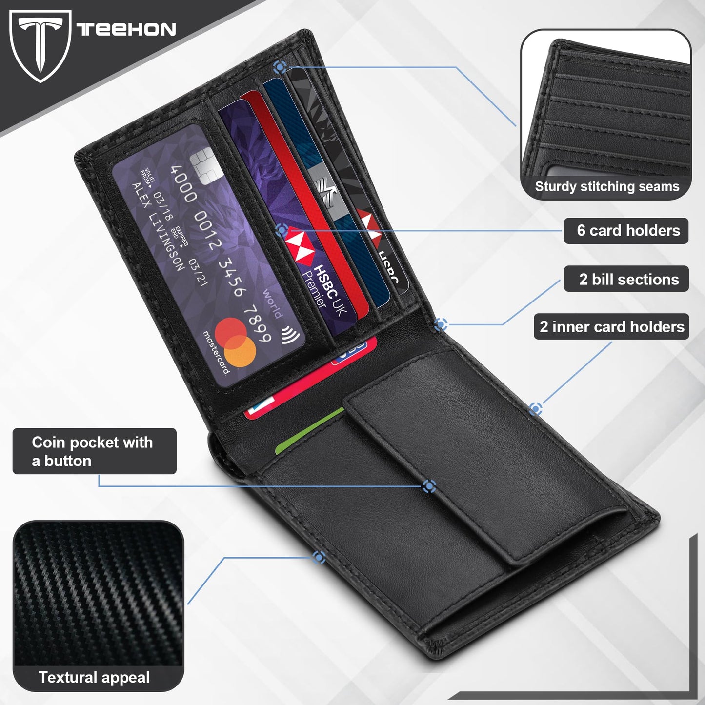 TEEHON® Wallets Mens, Leather Wallet, RFID Blocking Wallet, Wallets for Men UK with Coin Pocket, 2 Banknote Compartments, 8 Card Holders, Mens Wallet with Gift Box