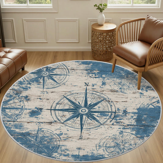 Naval Compass (Blue) Round Rug 4 ft Round Washable Area Rug Indoor Floor Cover Shabby Chic Wooden Planks Circle Mat Round Rugs Non Slip Low Pile Carpet for Entryway Living Room Bedroom