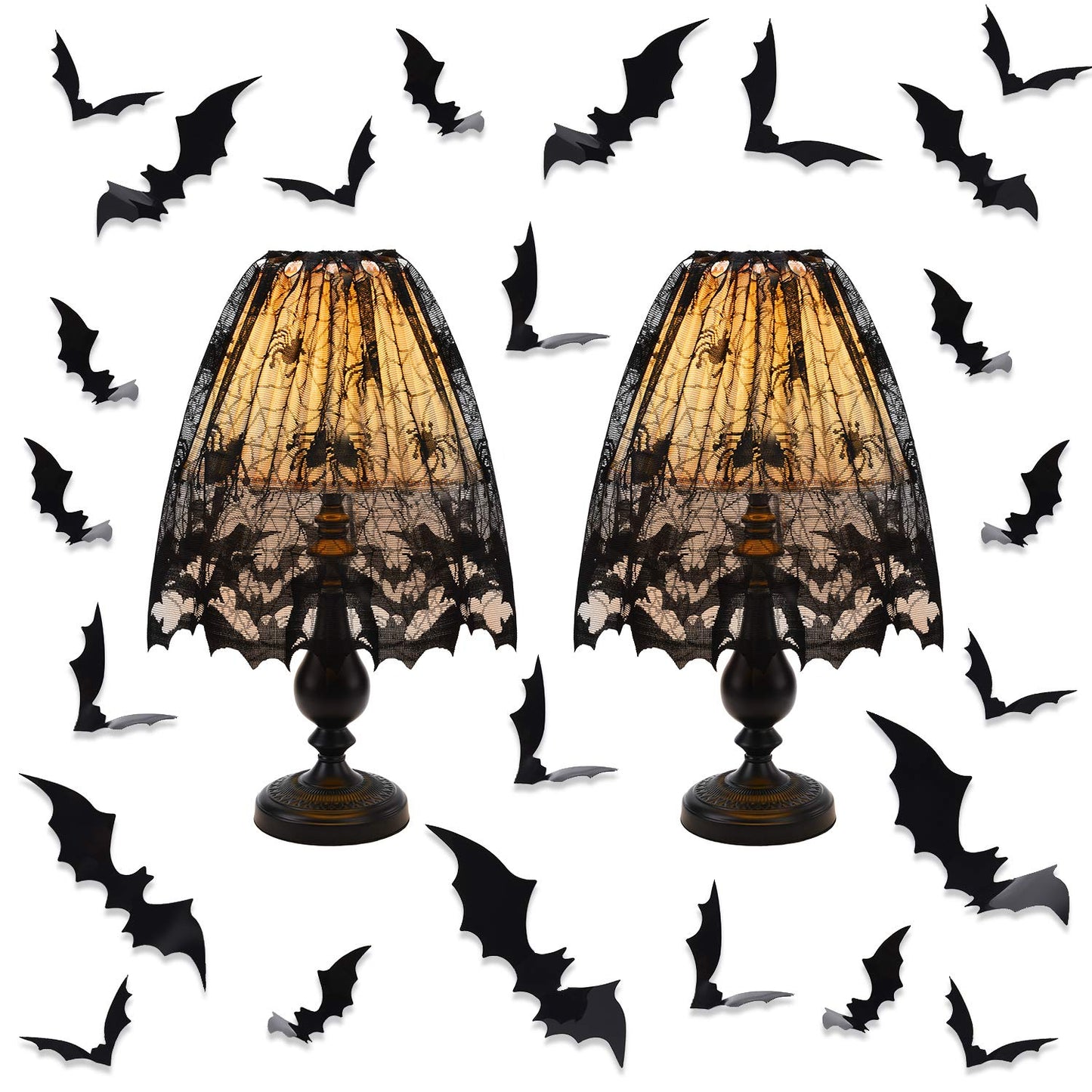 2 Pieces Halloween Lamp Shade Cover Black Lace Spider Web Lampshades Cover Topper Decoration with 60 Pieces 3D Bat Stickers for Halloween Party Indoor Decor