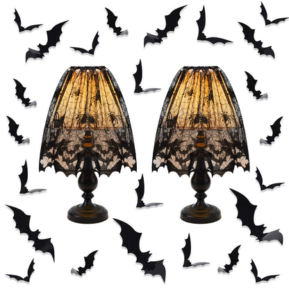 2 Pieces Halloween Lamp Shade Cover Black Lace Spider Web Lampshades Cover Topper Decoration with 60 Pieces 3D Bat Stickers for Halloween Party Indoor Decor