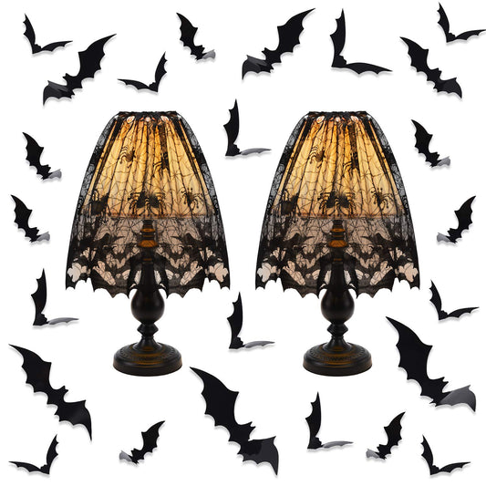 2 Pieces Halloween Lamp Shade Cover Black Lace Spider Web Lampshades Cover Topper Decoration with 60 Pieces 3D Bat Stickers for Halloween Party Indoor Decor