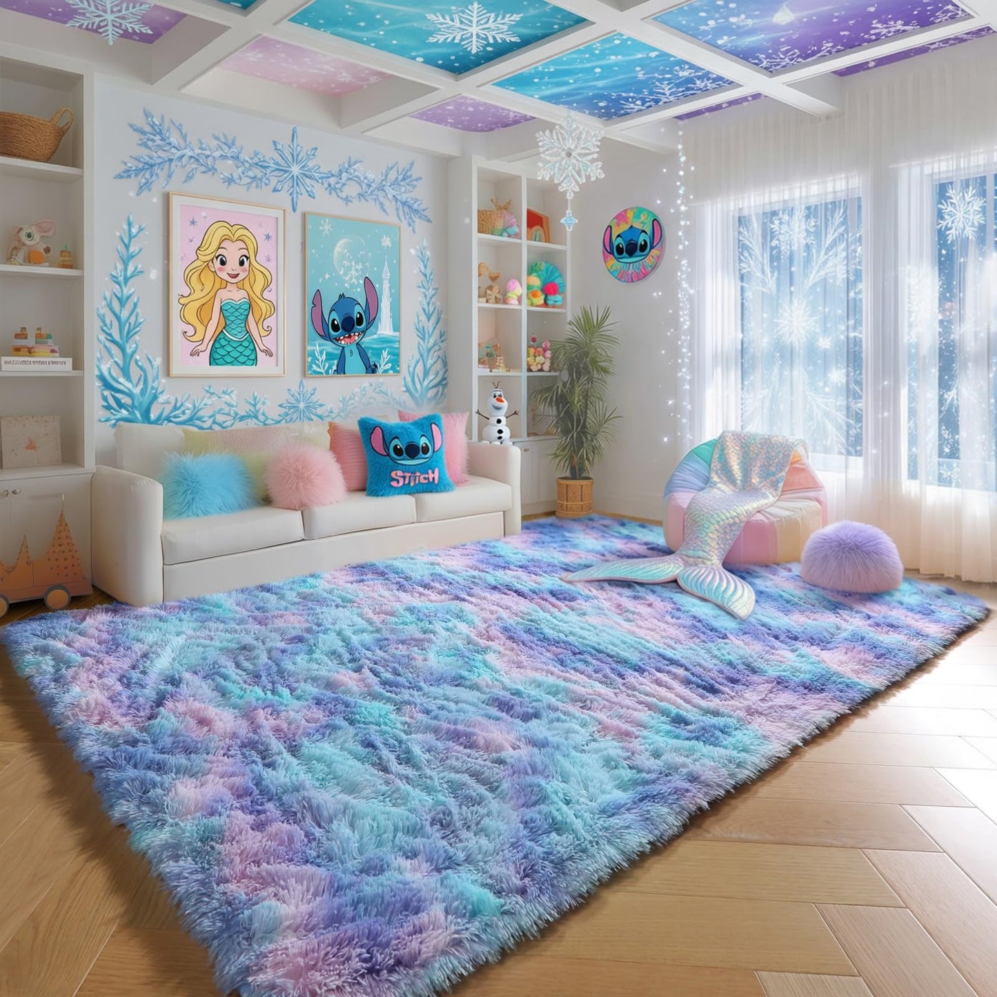 PAGISOFE Cute Furry Pastel Rug for Girls Bedroom, Soft Adorable Rainbow Purple Tent Rugs for Livingroom, Kid Room,Playroom Nursery Home Decor,Plush Mermaid Kawaii Rug Fluffy Carpet 4x6 Area Rug Sturdy