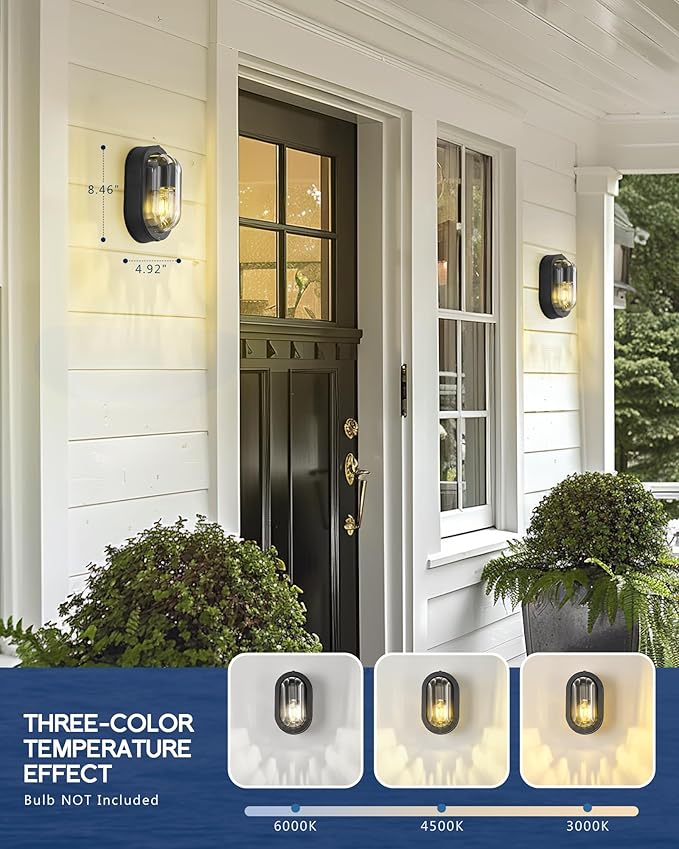FEMILA 8.5" Oval Bulkhead Light, Modern Exterior Wall Sconce, 2 Pack Outdoor Wall Light & Ceiling Flush Mount, Ripple Glass, IP44 Waterproof, Front Porch Light for Patio/Garage/Entry, 4FYX104F-2 BK SW