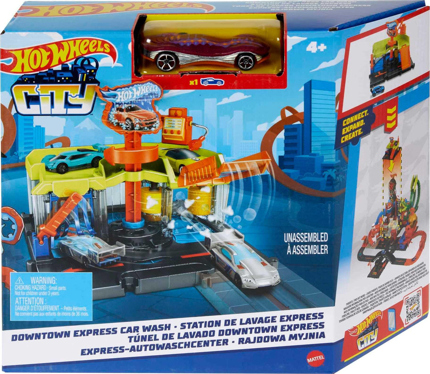 Hot Wheels City Toy Track Set, Downtown Express Car Wash Playset with 1:64 Scale Vehicle, Foam Roller & Drying Flaps, HDR27