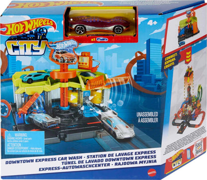 Hot Wheels City Toy Track Set, Downtown Express Car Wash Playset with 1:64 Scale Vehicle, Foam Roller & Drying Flaps, HDR27