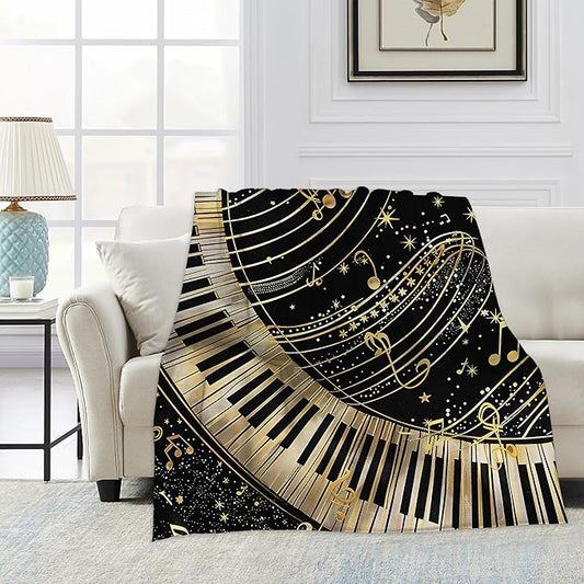 Piano Notes Throw Blanket, Black Gold Blanket Throw for Adults, Lightweight Soft Cozy Blanket for Couch Sofa Bed Room Decor 50x60 Inches