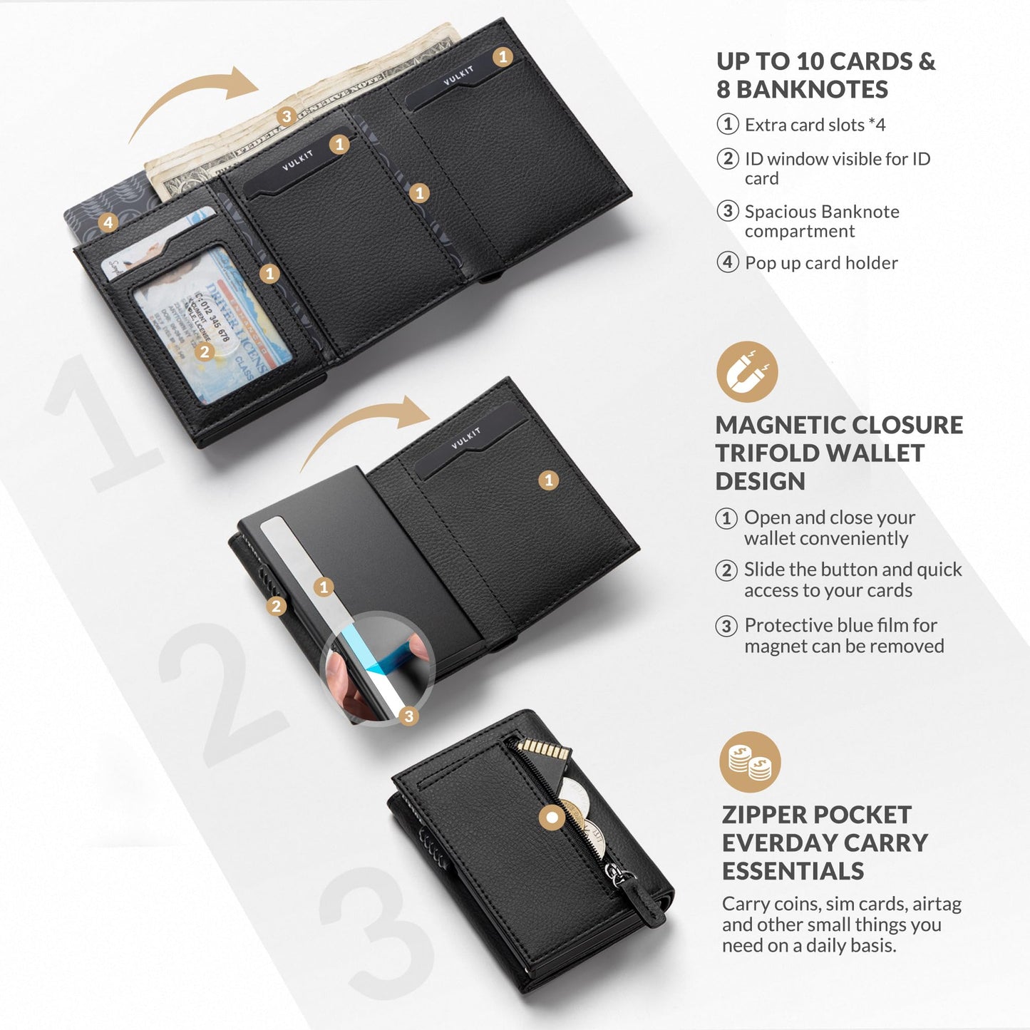 VULKIT Credit Card Holder RFID Blocking Leather Pop Up Card Wallet with Banknote Compartment, ID Window, Coin Pocket & Magnetic Closure