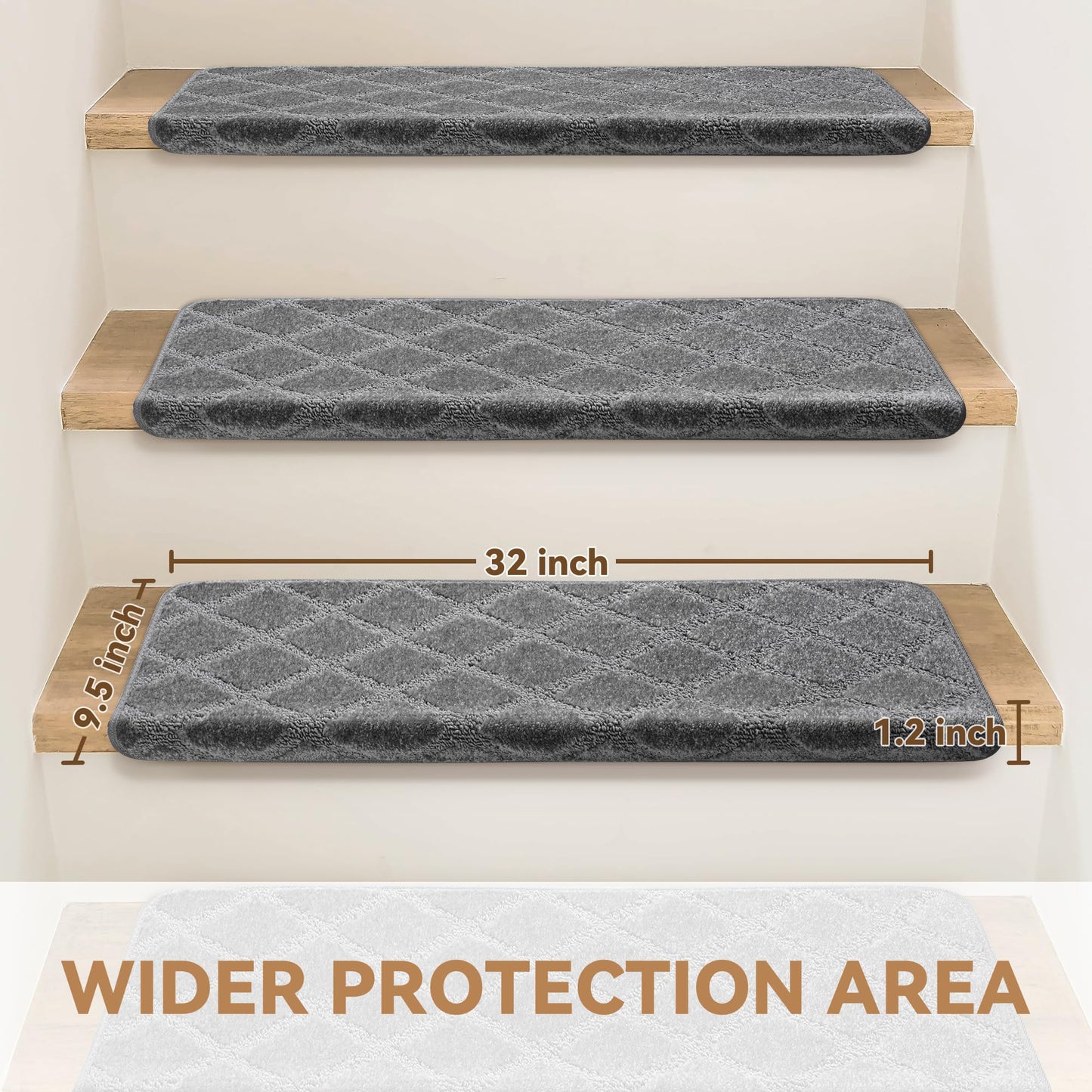 Bullnose Stair Treads Non Slip 9.5" x 32", 14 Pcs Carpet Stair Treads for Wooden Steps Indoor with Edge Protection, Reusable Peel and Stick TPU Backing Stair Runner Rugs - Diamond Pattern Grey.